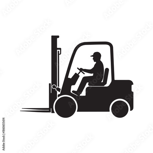Forklift Operator Silhouette in Industrial Setting with Black and White Color Scheme for Logistics and Transportation