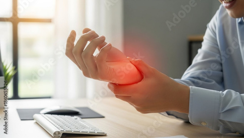 Person experiencing wrist pain while working on computer at office desk with highlighted area