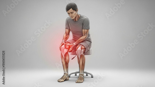 Man experiencing knee pain while sitting on a stool with highlighted muscle