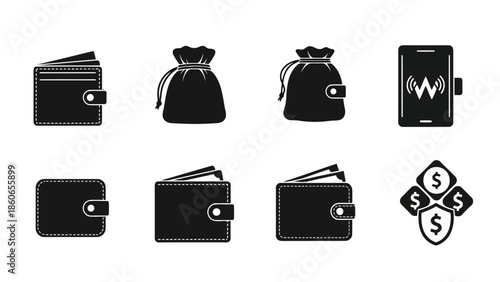 Simple black silhouette financial icons wallets money bags and digital transactions EPS10 Stock.eps