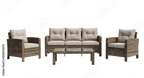 Wallpaper Mural A stylish outdoor furniture set consisting of a sofa, two chairs, and a coffee table, all made of wicker with beige cushions, arranged against a black background. Torontodigital.ca