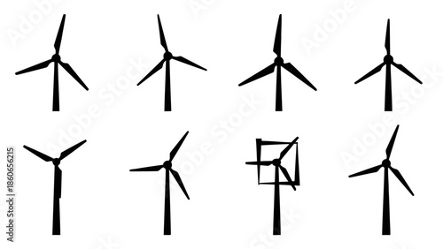 Vector Wind Turbine Silhouettes Collection Minimalist Design for Green Energy EPS10 Stock.eps