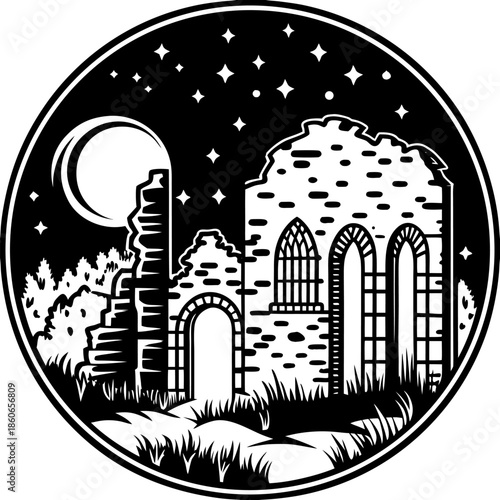 Mysterious Ancient Ruins Under Starry Night Sky