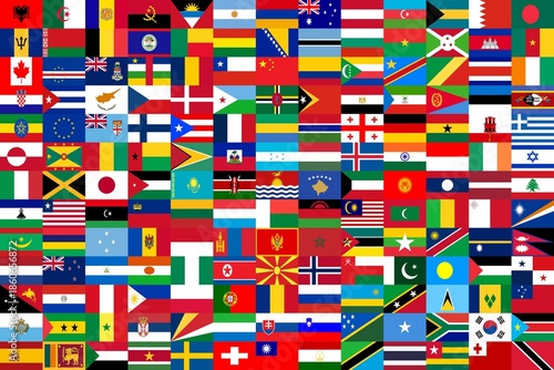 169 national state flags in a 13x13 grid arranged in strict alphabetical order