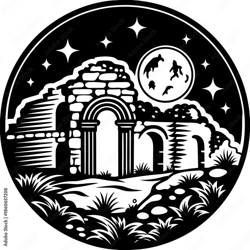 Naklejka premium Mysterious Ancient Ruins Under Starry Night Sky