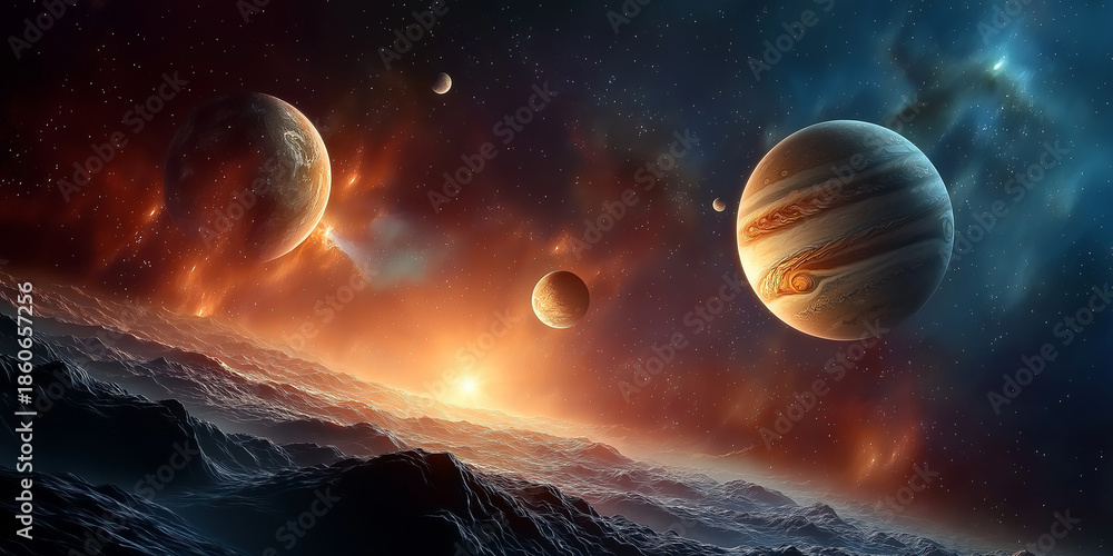 Fototapeta premium Alien Planet Landscape with Multiple Moons and Nebula