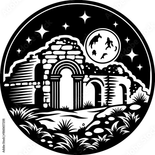 Mysterious Ancient Ruins Under Starry Night Sky