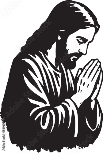 Black and White Praying Jesus Christ Vector Illustration Graffiti Style Christian Art