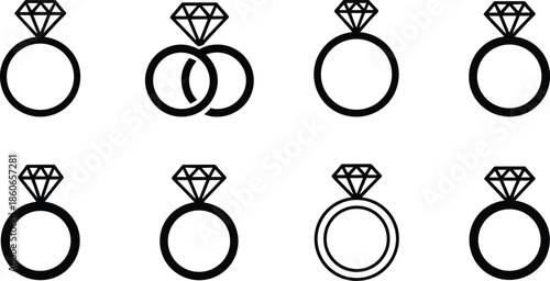 Diamond Ring Icon Set Engagement and Wedding Jewelry Symbols Minimal Line and Solid Vector Illustration