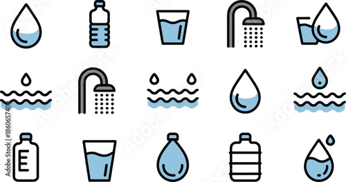 Water and Hydration Line Icon Set Drops Faucet Bottle Glass Shower and Fluid Symbols Outline Vector Illustration