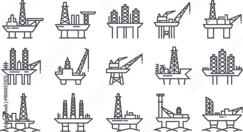 Offshore Oil and Gas Platform Line Icon Set Drilling Rigs Energy Industry Outline Vector Illustration