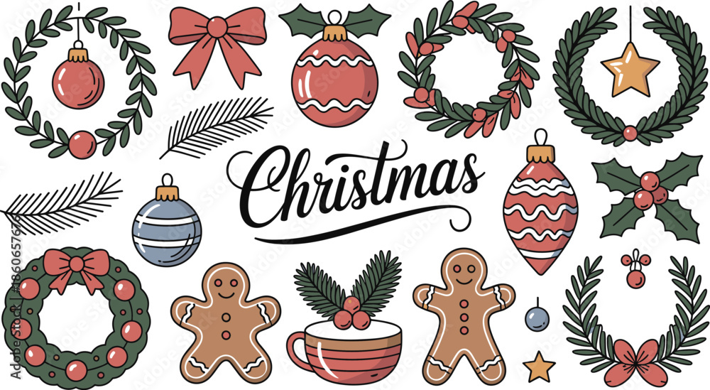 Fototapeta premium Hand Drawn Christmas Icon Set with Wreaths Ornaments Gingerbread Cookies and Holiday Elements Vector Illustration