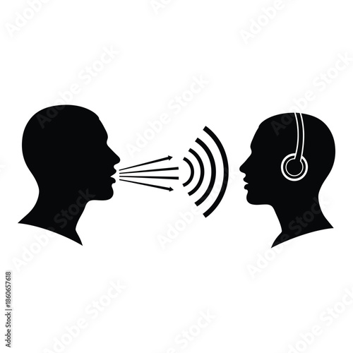 Communication between two people one speaking and one listening with headphones