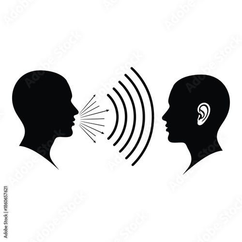 Communication concept two silhouetted heads facing each other with sound waves