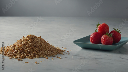 Healthy breakfast ingredients with a pile of whole grains and fresh red strawberries on a marble countertop
