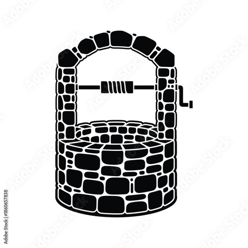 Black outline stone water well rustic countryside object for vintage decor design Vector illustration