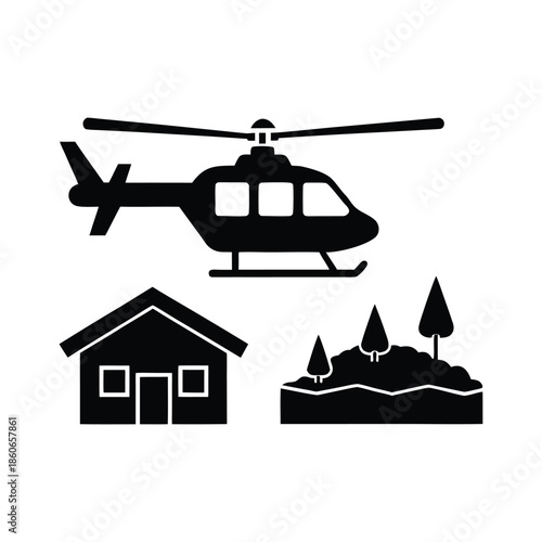 Rescue helicopter delivering disaster relief aid packages for emergency support artwork Vector illustration