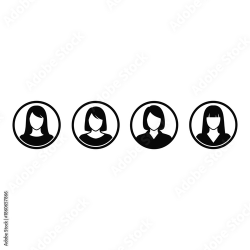 Four circular silhouettes of people with varying hairstyles in black and white