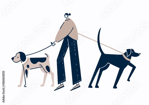 Professional Dog Walker Vector Illustration with Three Dogs