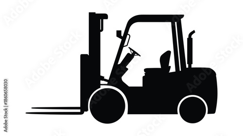 Black Silhouette of a Forklift Truck on White Background Keywords: forklift, truck, industrial, vehicle, machinery, equipment, material handling, logistics, warehouse, transport, cargo, load, lift