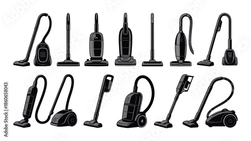 Collection of Black and White Vacuum Cleaner Silhouettes on White Background Keywords: vacuum cleaner, vacuum, cleaning, appliance, household, domestic, equipment, machine, dust, dirt, hygiene