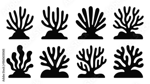 Set of Black Silhouettes of Different Coral Shapes on White Background Keywords: coral, sea, ocean, marine, underwater, reef, aquatic, nature, organism, plant, life, silhouette, black, white