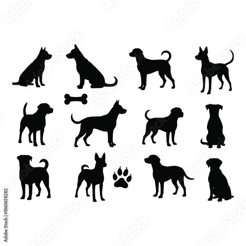 Collection of dog silhouettes depicting various breeds and a paw print
