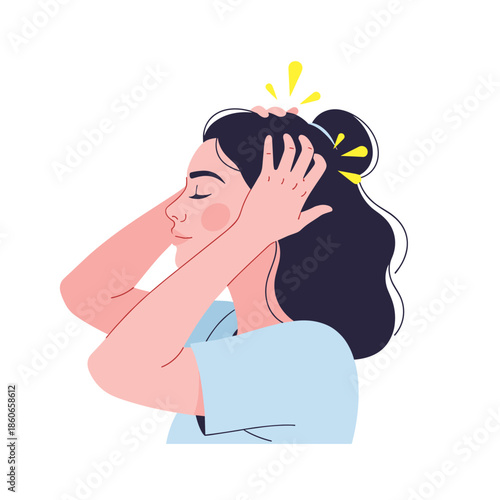 Woman relaxing while massaging scalp with hair serum at home  