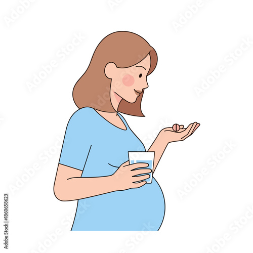 Pregnant woman taking iron supplement with water in hand  