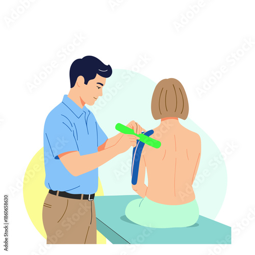 Male therapist applying kinesiology tape on woman's back in clinic  