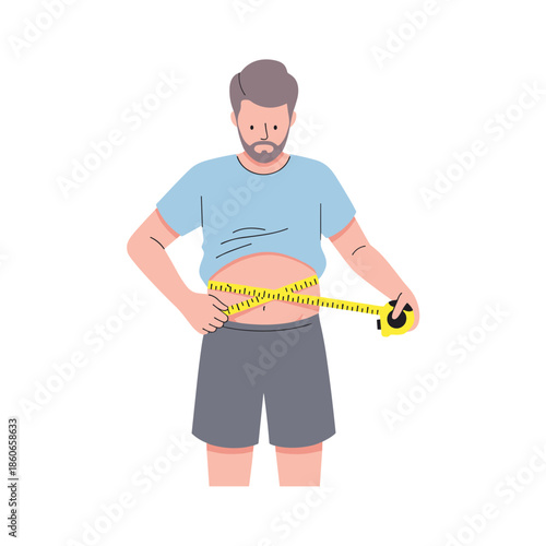 Man measuring belly with tape while standing in casual clothing  