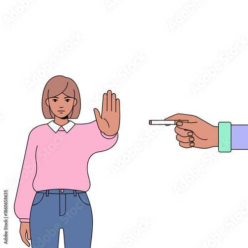 Young woman refusing cigarette with hand gesture in minimalist style  