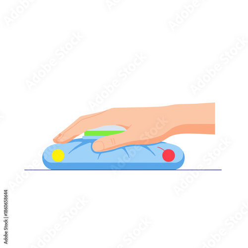 Hand pressing on a colorful cold compress for relief  