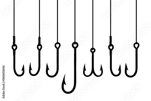 set of fishing hooks,
Various Fishing Hooks Hanging in a Row on White Background Vector Illustration