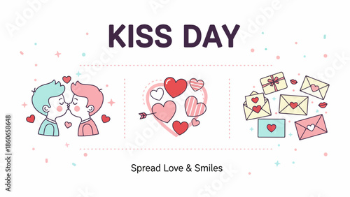 Charming vector artwork of romantic affection, showcasing tender kissing couples, decorative hearts, and sweet love letters, ideal for celebrating bonds