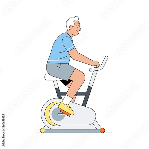 Elderly man exercising on stationary bike in casual sportswear  