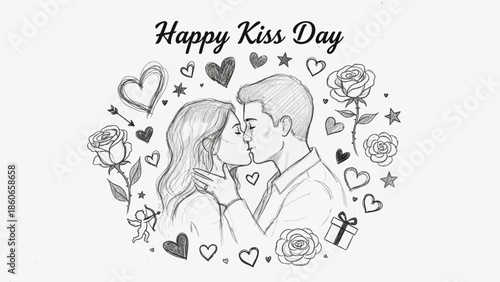 Expressive hand-drawn illustration of a romantic couple's tender kiss, surrounded by enchanting hearts, delicate roses, and thoughtful gifts, symbolizing love and celebration