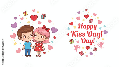 Adorable cartoon couple sharing a sweet moment amidst decorative hearts and stars, celebrating Kiss Day with affectionate romantic illustration
