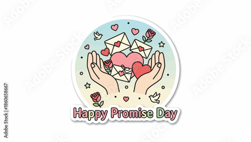 Celebrate Happy Promise Day with this heartwarming illustration of open hands holding symbols of love, envelopes, and hearts, surrounded by roses and doves