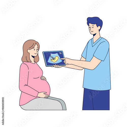 Doctor showing ultrasound scan to pregnant woman in medical setting  