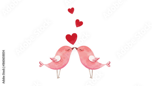 Whimsical watercolor illustration featuring two adorable pink lovebirds sharing a tender, romantic kiss, with floating hearts symbolizing endearing affection and heartfelt connection