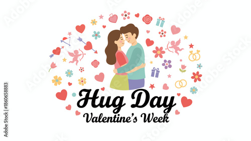 Romantic couple embracing amidst a festive display of hearts and flowers, celebrating love and affection during Valentine's Week