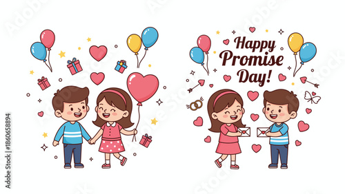 Charming animated young couple celebrating a special day of commitment, sharing gifts and heartfelt promises with balloons and love