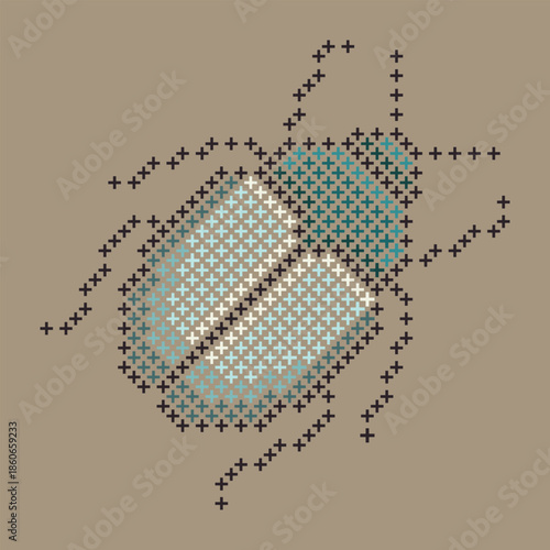 A cross-stitch pattern illustration of a beetle. This digital embroidery-style graphic features a textured, geometric bug design composed of cross-shaped stitches in teal and beige tones