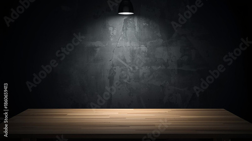 Empty wooden table in dark room with spotlight on rustic wooden texture for product display