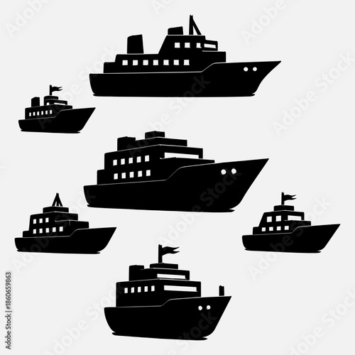 Fleet of ships sailing in formation on the open sea viewed from above