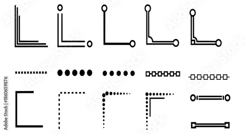 Detailed illustration of various graphic elements and corner designs on a white background