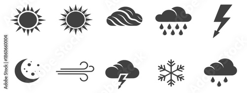 Weather Icons Representing Various Climatic Conditions Illustrated in Simple Graphics