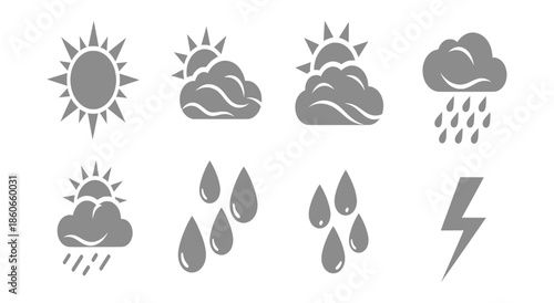 Illustration of various weather conditions including sun, clouds, rain, and lightning on a white background
