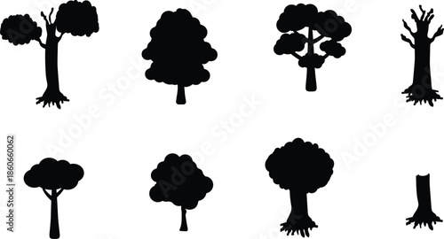 Tree silhouette icon collection, forest and pine tree vector set, nature foliage design bundle, simple black isolated tree shapes, illustration, silhouette, nature, trees, 
